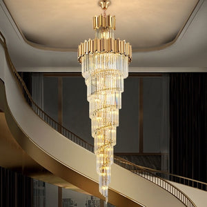 Lámpara de araña de dos niveles y doble volumen en oro y cristal