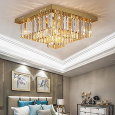 Square Gold and Crystal Flush Mount Ceiling Chandelier